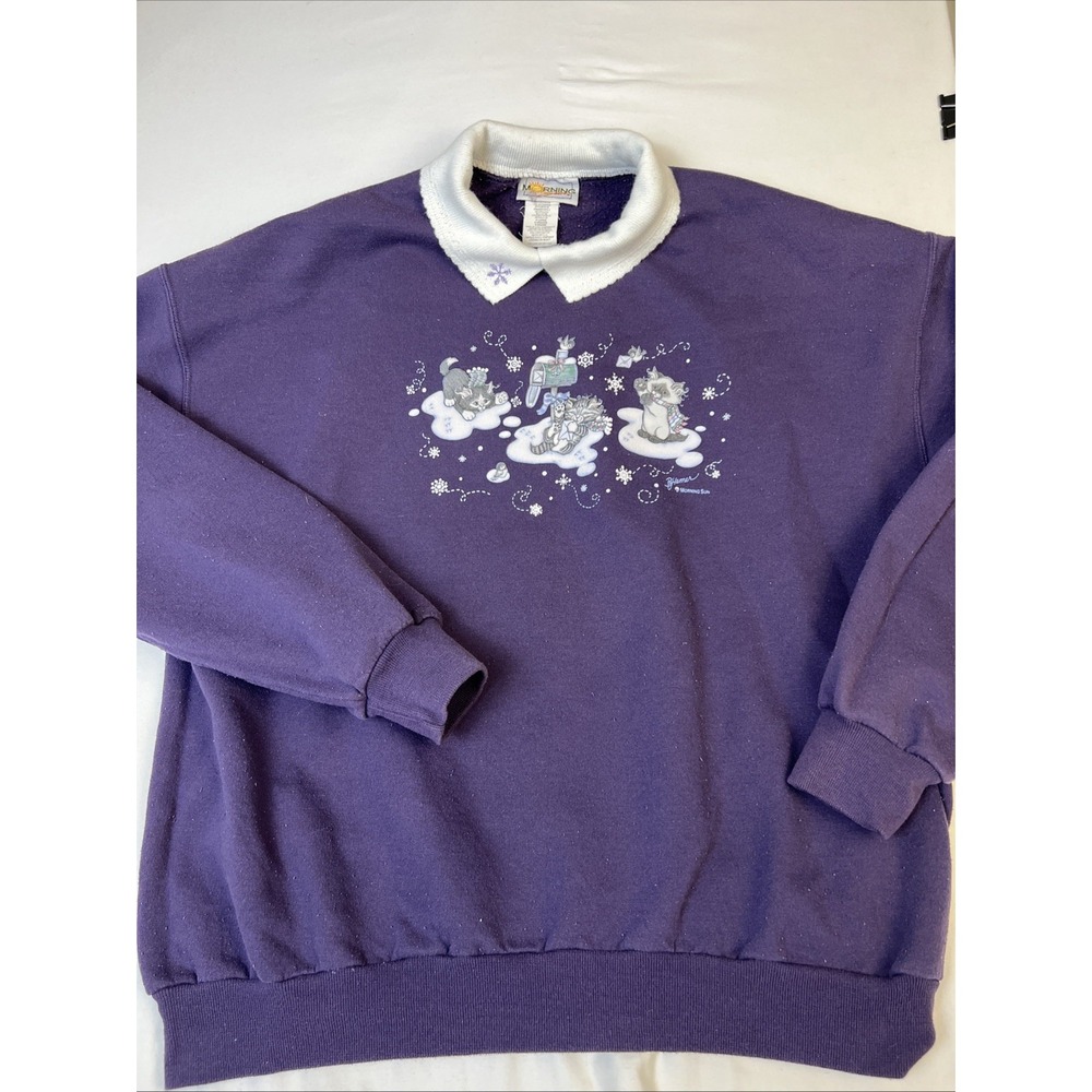 Vintage Morning Sun Women Sweatshirt XL Purple Cat Kitten Snow Granny Core